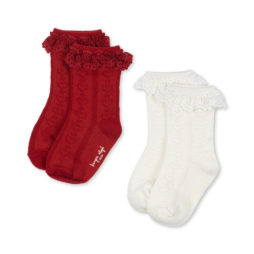 Two pairs of socks, one red with ruffles and one white, on a white background.