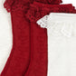 Red tights with lace trim on a white background