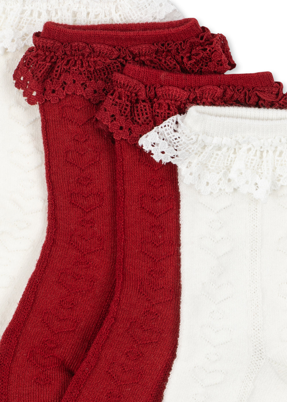 Red tights with lace trim on a white background
