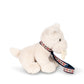 White plush dog toy with a colorful collar on a white background