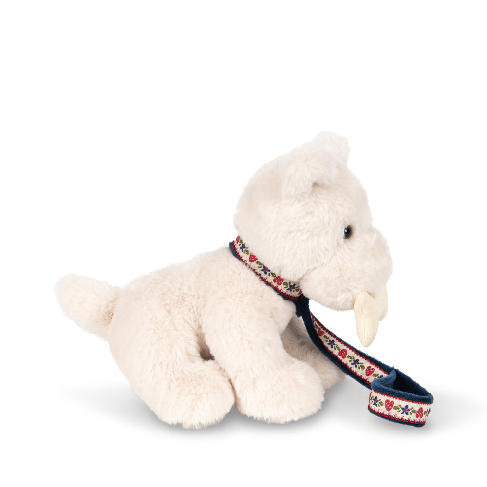 White plush dog toy with a colorful collar on a white background