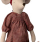 A plush mouse doll with beige fabric skin and ears, wearing a smocked rust-brown dress, a dark red knit hat, and matching knit socks, shown against a plain white background.
