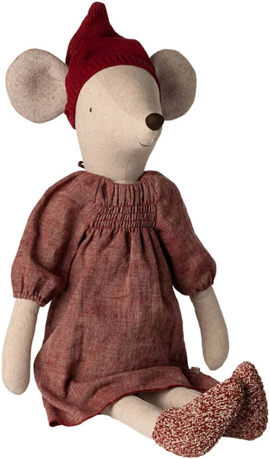A plush mouse doll with beige fabric skin and ears, wearing a smocked rust-brown dress, a dark red knit hat, and matching knit socks, shown against a plain white background.