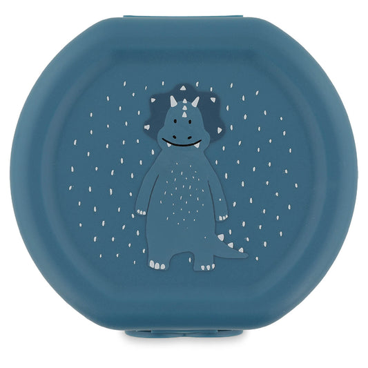 Blue container lid with a dinosaur design on a white background