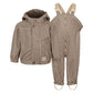 Children's raincoat and bib overalls set with brown and beige stripes on a white background