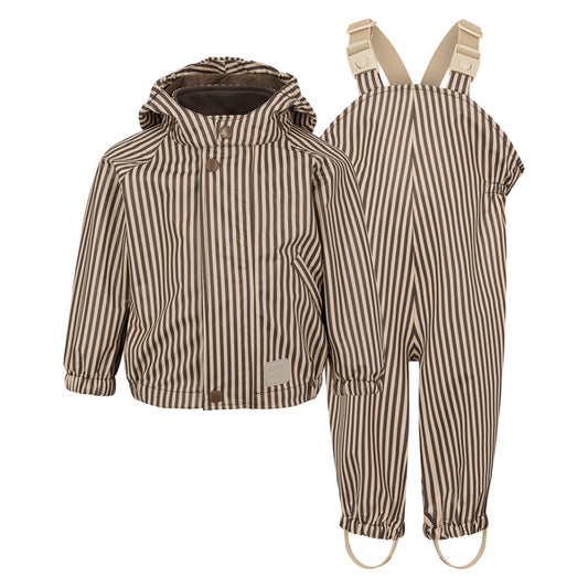 Children's raincoat and bib overalls set with brown and beige stripes on a white background