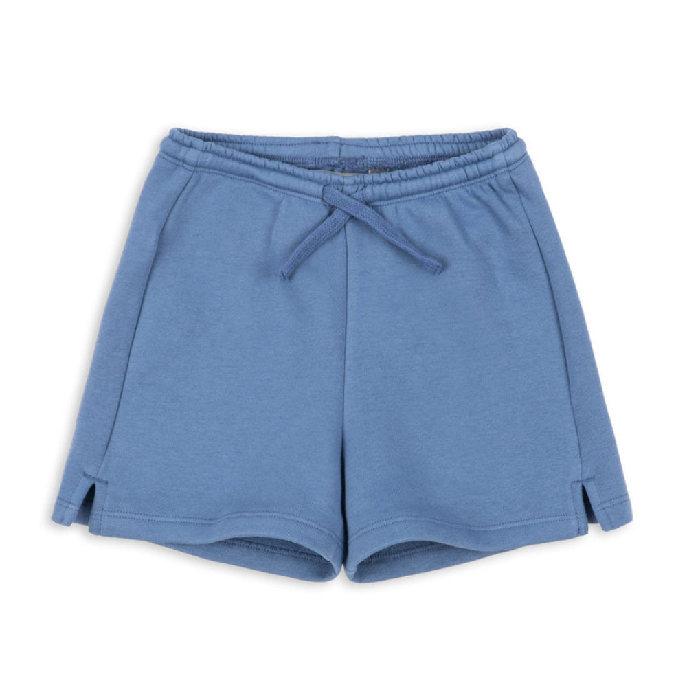 Blue shorts with a tie waist on a white background