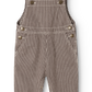 Brown and white vertically striped corduroy baby overalls with adjustable shoulder straps and front button closures, shown flat on a white background.