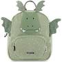 A light sage green dragon backpack with a cute cartoon face on the front and small wings on the sides, shown against a plain white background.