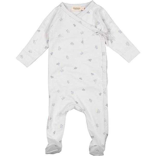 Mar Mar Copenhagen baby romper.Paper boats design in pale blue, with cross body closing, with feet.