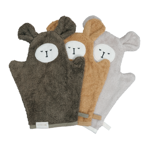 A set of 3 cute bath mitts to make bath time fun, made from bamboo