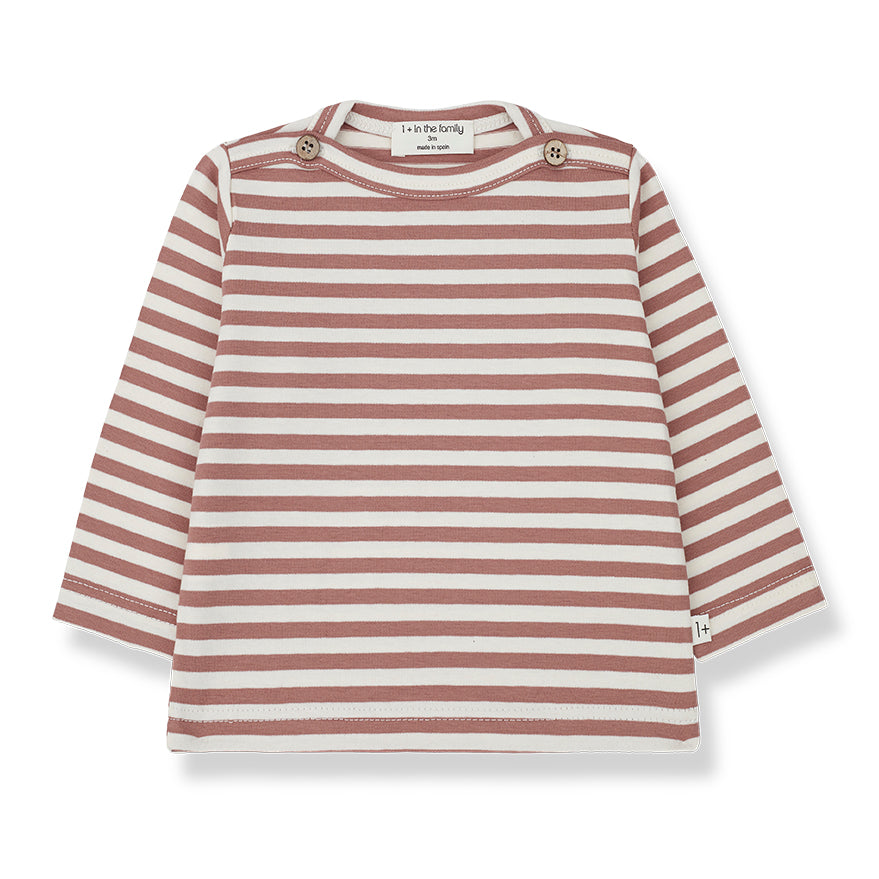 1 + in the Family boys stripped t-shirt with long sleeves sold at Sonny Bear,cedar and cream stripes, boat neck with buttons for   easy 