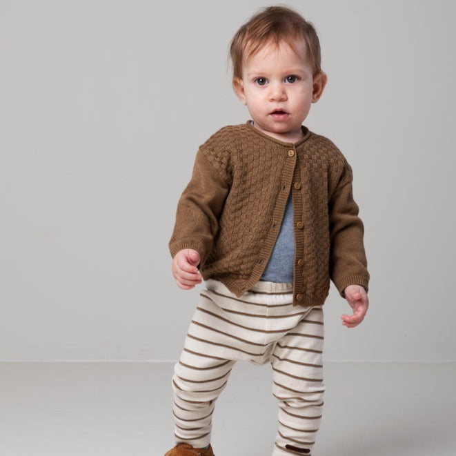 Baby boy in organic cotton leggings and cosy wool cardigan by MarMar copenhangan 