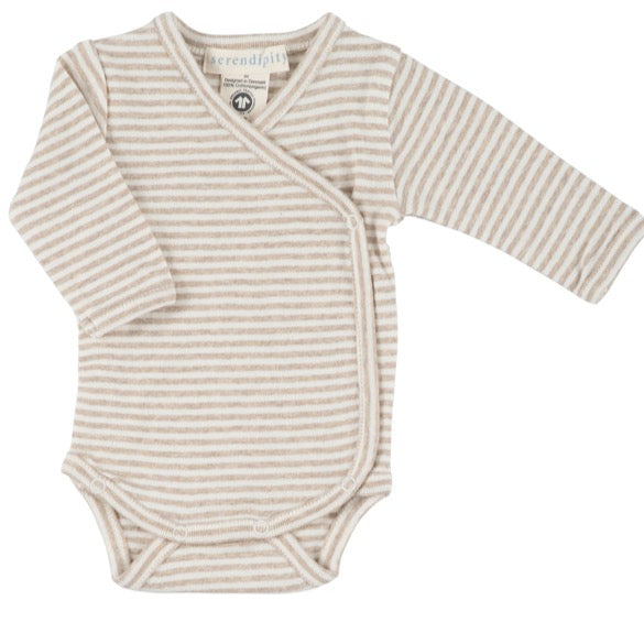 Oat coloured mélange wrap body for new-born and premature babies. All in soft organic cotton from sustainable GOTS certified production. 