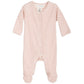 One-piece suit with long sleeve and legs with feet, in powder clay rose and off-white stripes. The suit is made for new-born and premature babies. All our mélange cotton ribs are GOTS certified. Push buttons are located all the way from the neck to the feet for easy change.