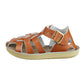Side view of boys brown leather sandals with gold  buckel on the side for easy fastenig.