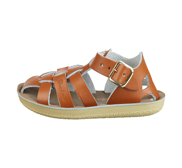 Side view of boys brown leather sandals with gold  buckel on the side for easy fastenig.